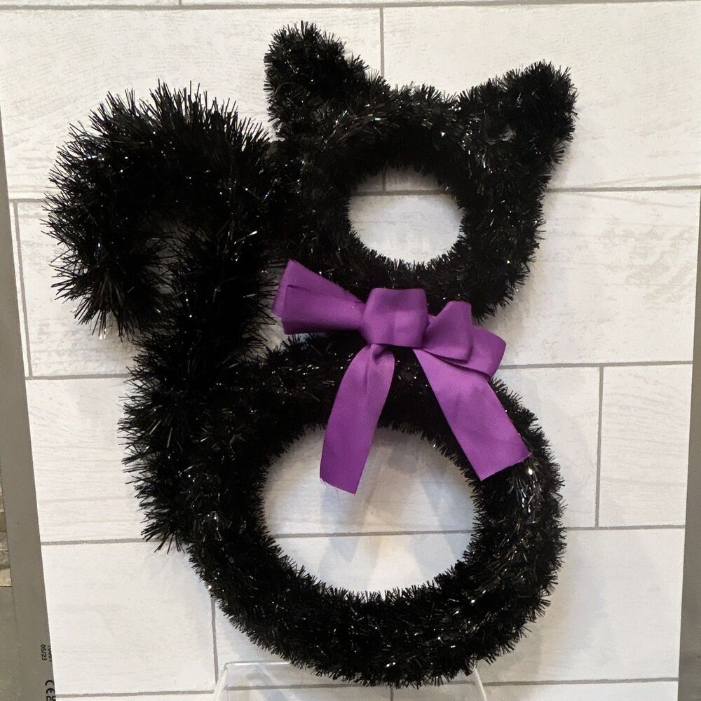 Ashland Artificial Halloween Black Tinsel Cat Wreath Purple Bow, 16 Inch